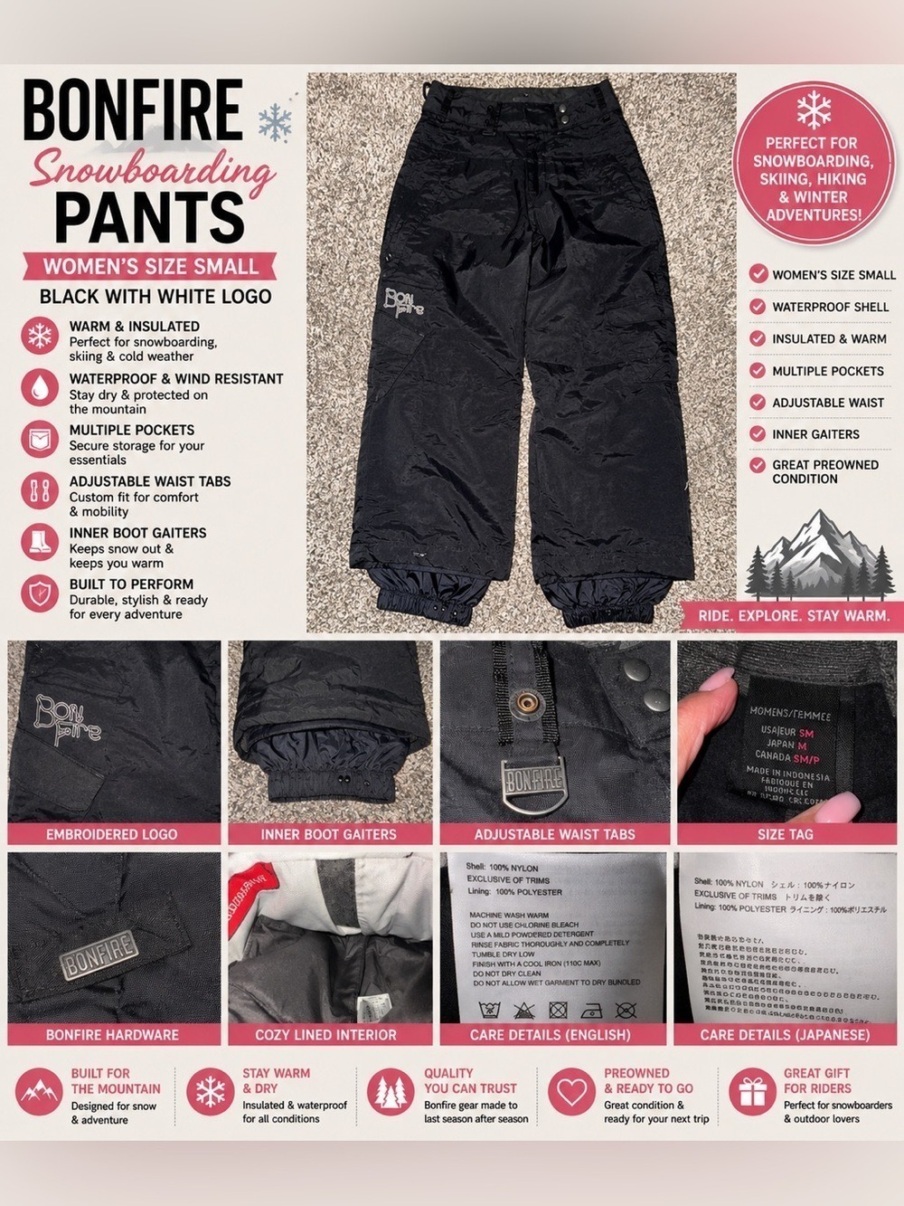 Bonfire Women’s Snowboarding Ski Pants Black Insulated Waterproof Size Small